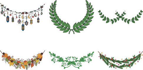Set of six festive christmas garlands and wreaths isolated on transparent background, perfect for holiday decorations