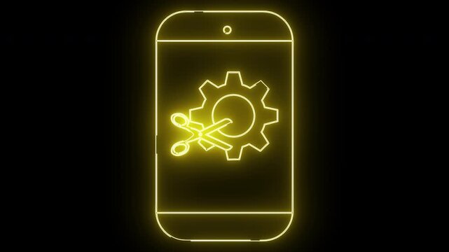 Neon yellow phone outline gear and scissors icon on a black background