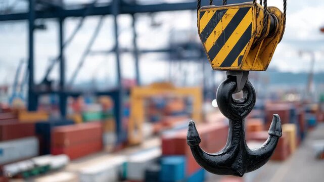 Detailed close-up of heavy-duty crane hook and cables, bright colored containers in soft-focus background, realistic sunlight reflecting off steel