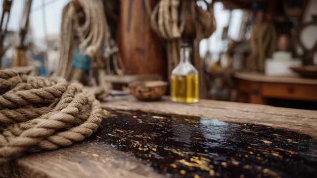 Detail of oil-stained dock surface with scattered ropes and tools, ship structure blurred in background