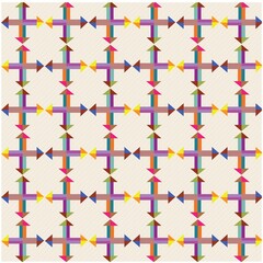 Abstract Colorful Vibrant Interlocking Arrow Shapes Grid. Seamless geomatrical artwork. Design used for fabric, fashion, wallpapers, backgrounds, textiles print, flooring, pottery, and covers.