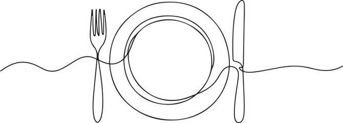 Continuous line art or One Line Drawing of plate, khife and fork. linear style and Hand drawn. one line Icon drawing © firoz