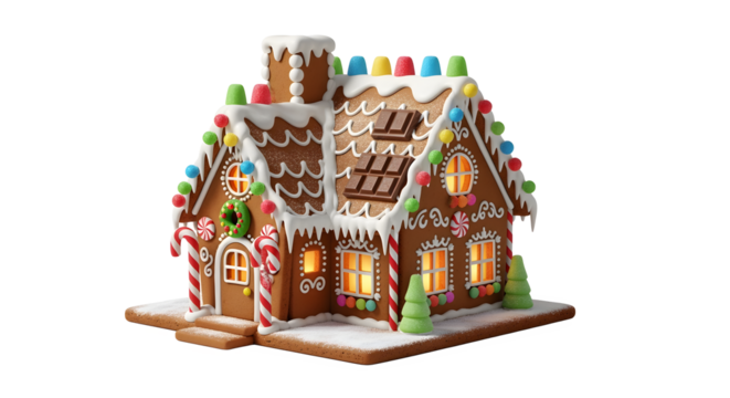 Whimsical gingerbread house glows with festive holiday cheer, adorned with colorful candies and snowy icing.