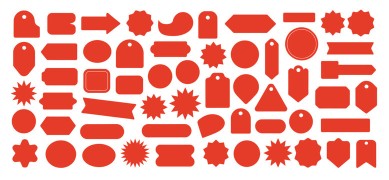 red promo sticker set, including sale or discount stickers, tags and price labels, starburst promotional badges, shopping labels, coupon banners, and adhesive offer stickers, perfect for marketing and