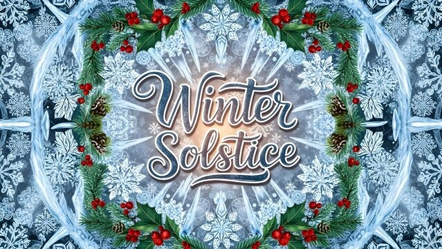 Winter solstice celebration with festive wreath snowflakes and holiday cheer for seasonal greetings