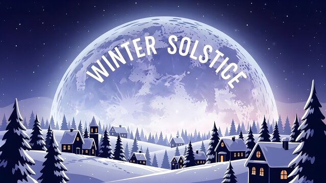 Winter solstice night scene with full moon over snowy town and evergreen trees
