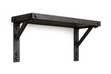 Dark wood & metal industrial shelf, isolated on transparent background.