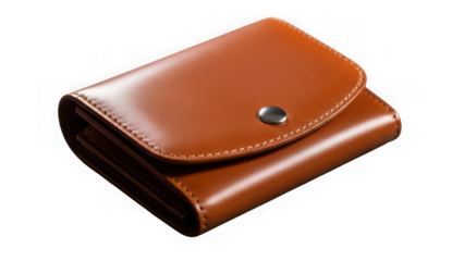 Close up of a small, elegant brown leather bifold wallet with a snap closure, isolated on transparent background