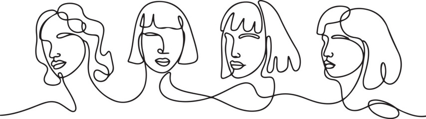 Surreal Faces Continuous line, drawing of set faces and hairstyle, fashion concept, woman beauty minimalist. one line Icon drawing