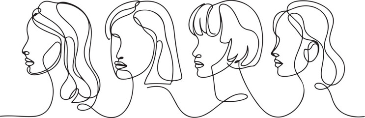 Surreal Faces Continuous line, drawing of set faces and hairstyle, fashion concept, woman beauty minimalist. one line Icon drawing