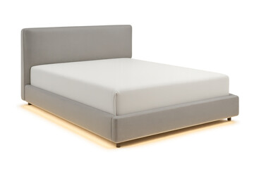 Grey modern upholstered bed, mattress, isolated on transparent background.