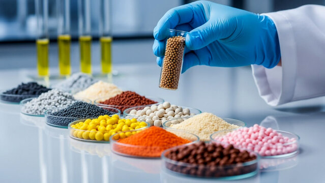 Scientist analyzes colorful granules in petri dishes, advancing sustainable agriculture solutions with bio fertilizer samples