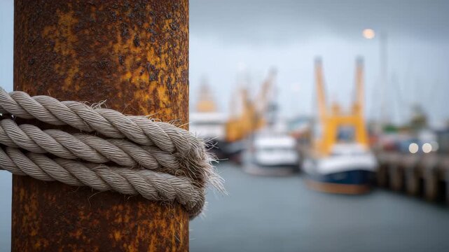Detailed view of a heavy, rusty steel bollard secured with a frayed rope, harbor vessels and dockside activity softly blurred in the distance