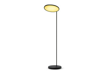 Modern black floor lamp with yellow light, isolated on transparent background