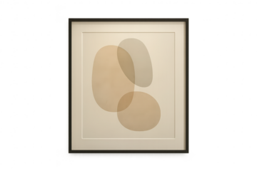Minimalist framed abstract artwork with translucent organic shapes, isolated.
