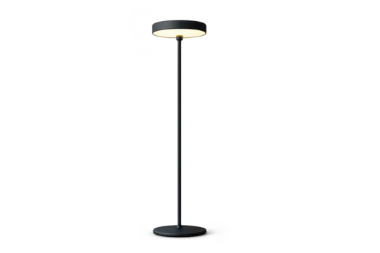 Sleek black floor lamp with glowing top, isolated on transparent background