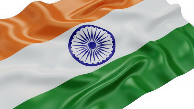 Waving flag of india with saffron, white, and green horizontal stripes and ashoka chakra in the center, isolated on transparent background