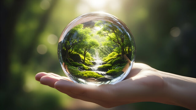 Hand holding crystal ball with lush green forest waterfall inside sphere - Powered by Adobe