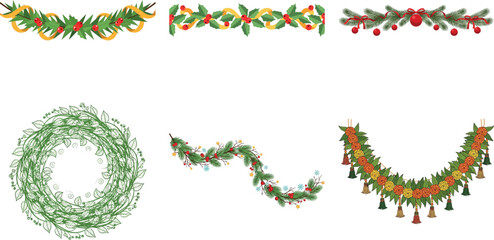 Set of festive christmas and new year decoration elements isolated on transparent background, including wreaths and garlands