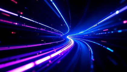 Abstract digital light trails in a dark tunnel representing speed technology and futuristic travel with vibrant blue and purple hues
