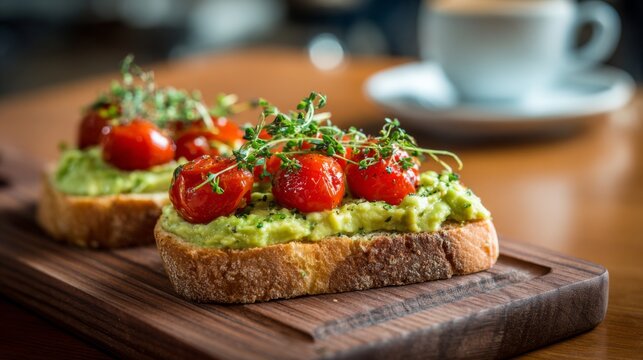 Freshly Made Avocado Toast with Roasted Cherry Tomatoes and Herbs on a Wooden Board in a Cozy Cafe Setting - Powered by Adobe