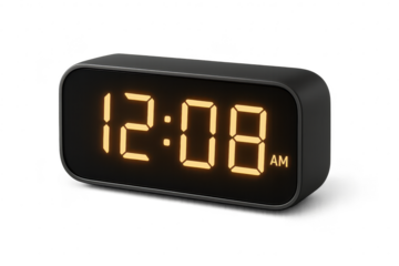 Digital alarm clock displaying 12:08 AM, isolated on transparent background