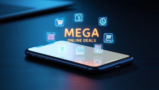 Modern smartphone displaying glowing digital icons and text mega online deals on a dark blue background Cyber Monday