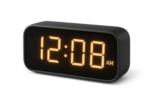 Digital alarm clock displaying 12:08 AM, isolated on transparent background