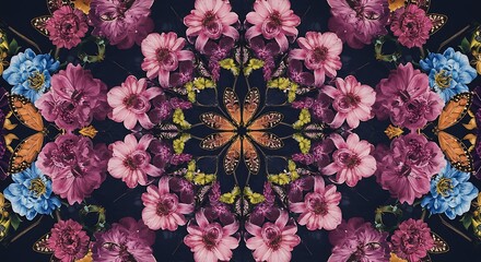 Symmetrical Floral Kaleidoscope with Butterflies and Vibrant Blooms.