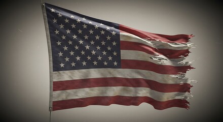 Tattered and Worn American Flag Waving in the Wind, Symbolizing Resilience and History.