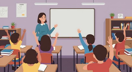 Teacher and students in a classroom setting, with children raising hands to answer questions, depicting an engaging learning environment.