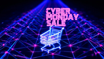 Cyber monday sale with glowing shopping cart and futuristic neon network grid background illustration shopping cart on the screen