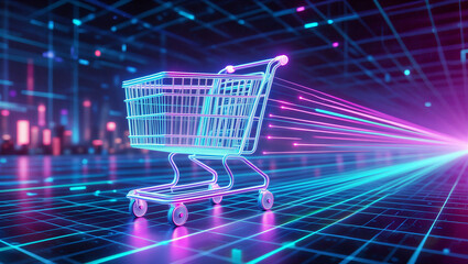 Glowing neon shopping cart with digital data streams moving forward on a futuristic grid background with city lights Cyber Monday
