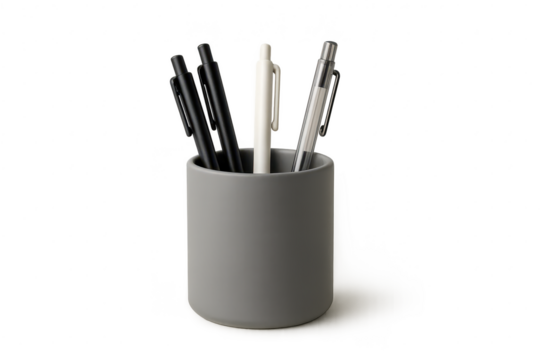 Stylish pen holder with pens isolated on a transparent background for design use