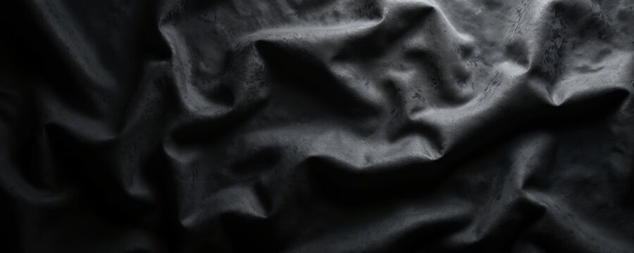 Abstract image showcases dark textured surface with folds and subtle highlights. It can represent fabric or leather with a rugged appearance. Good backdrop design idea. - Powered by Adobe