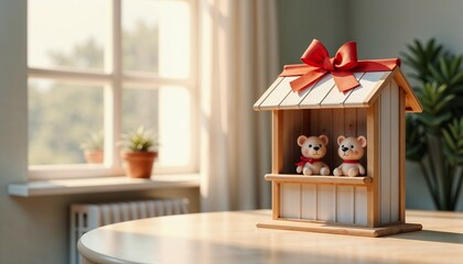 Wooden house with teddy bears as a festive gift on a sunny table with copy space
