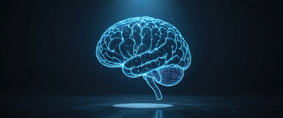 Fototapeta premium Brain hologram projecting AI code streams, sci-fi spotlight, sleek commercial design, clean dark plain background, copy space on the left,