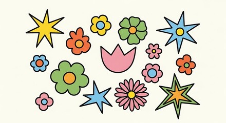 Vibrant and Playful Collection of Hand-Drawn Flowers and Stars in a Retro Style.