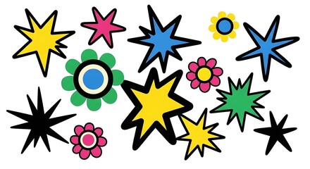 Vibrant and Playful Collection of Star and Flower Shapes in Various Colors.