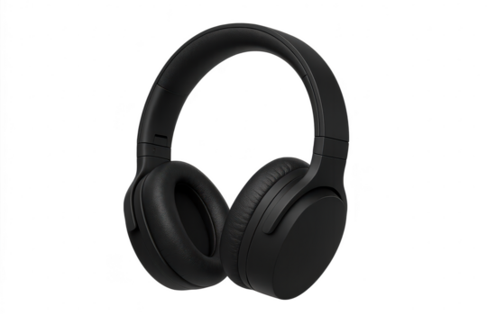Studio shot of modern black wireless headphones isolated on transparent background