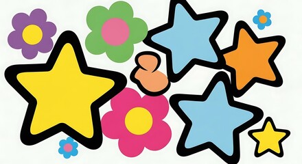 Vibrant Collection of Colorful Stars and Flowers.