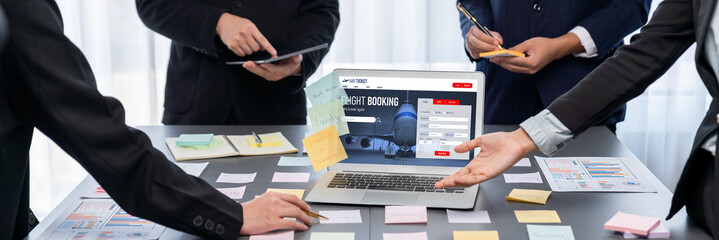 Analyst team use sticky note for creative and analytic brainstorm for business idea with BI data dashboard on laptop screen. Analysis financial data visualization tech for marketing strategy. Prodigy