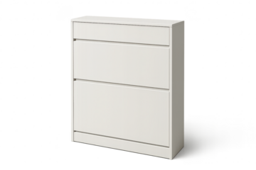 Modern shoe cabinet with three tiers isolated on transparent background, contemporary style.