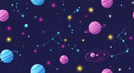 Vibrant Cosmic Galaxy with Planets and Stars Seamless Pattern.