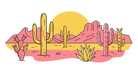 Vibrant Desert Landscape with Cacti and Mountains at Sunset.