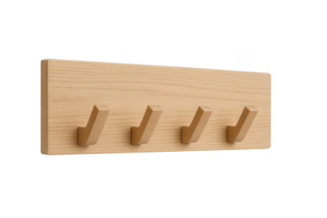 Wooden coat rack with four hooks, isolated on a transparent background, minimal