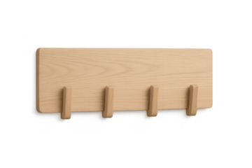 Wooden coat rack with four hooks isolated on transparent background studio shot