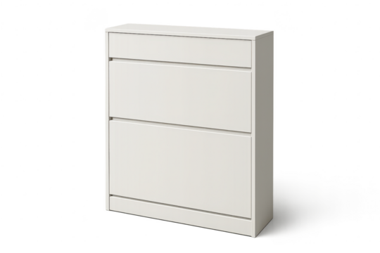 Modern shoe cabinet with three tiers isolated on transparent background, contemporary style.