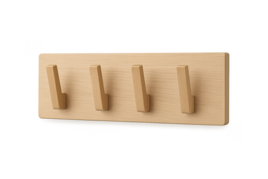 Wooden wall hanger with four pegs isolated on a transparent background, realistic