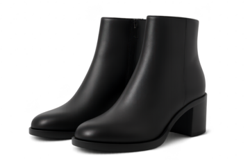 Elegant black leather ankle boots isolated on transparent background, fashion